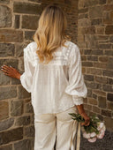 Bohemian Eyelet Embroidered Long Sleeve Blouse with Scalloped Edge Finish