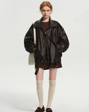 Oversized Aviator Leather Jacket featuring Pebbled Texture and Cinched Belt