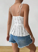 Kyra Floral Eyelet Lace Peplum Top with Adjustable Tie-Shoulder Straps