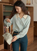 Norie Vintage Crochet Collar Button Down Blouse with Long Puff Sleeves