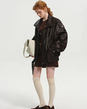Oversized Aviator Leather Jacket featuring Pebbled Texture and Cinched Belt