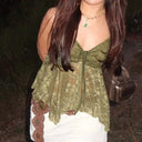 Floral Lace Spaghetti Strap Cami Top with Ruched Tie and Ruffle Hem
