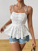 Kyra Floral Eyelet Lace Peplum Top with Adjustable Tie-Shoulder Straps