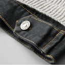 Nori Contrast Denim Knit Cardigan with Button Front and Denim Trim Collar