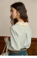 Norie Vintage Crochet Collar Button Down Blouse with Long Puff Sleeves