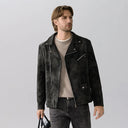 Montello Suede Zip Jacket with Padded Biker Sleeves and Asymmetric Snap Lapel
