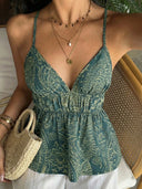 Solei | Paisley Print V-Neck Crisscross Back Peplum Cami Top for Women