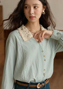 Norie Vintage Crochet Collar Button Down Blouse with Long Puff Sleeves