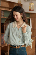 Norie Vintage Crochet Collar Button Down Blouse with Long Puff Sleeves
