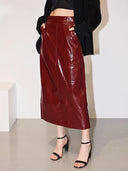 Mona High Waist Patent PU Leather Pencil Midi Skirt with Pockets and Back Slit