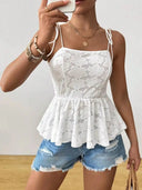 Kyra Floral Eyelet Lace Peplum Top with Adjustable Tie-Shoulder Straps