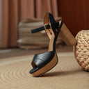 Romi Retro Leather Platform Block Heel Sandals with Crossover Ankle Strap