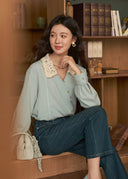 Norie Vintage Crochet Collar Button Down Blouse with Long Puff Sleeves