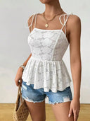 Kyra Floral Eyelet Lace Peplum Top with Adjustable Tie-Shoulder Straps