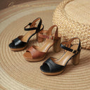 Romi Retro Leather Platform Block Heel Sandals with Crossover Ankle Strap