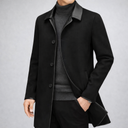 Vienna Longline Wool Coat, Contrast Leather Collar Trim and Slash Pockets