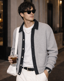 Nori Contrast Denim Knit Cardigan with Button Front and Denim Trim Collar