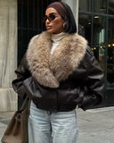 Monroe Fur Collar Aviator Jacket with Oversized Shearling Lapel and Elastic Hem