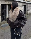 Monroe Fur Collar Aviator Jacket with Oversized Shearling Lapel and Elastic Hem