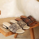 Zola Snake Print Woven Strap Square Toe Sandals with Low Block Heel
