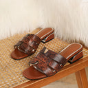 Zola Snake Print Woven Strap Square Toe Sandals with Low Block Heel