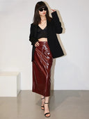 Mona High Waist Patent PU Leather Pencil Midi Skirt with Pockets and Back Slit