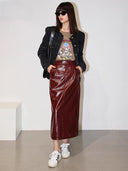 Mona High Waist Patent PU Leather Pencil Midi Skirt with Pockets and Back Slit