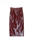 Mona High Waist Patent PU Leather Pencil Midi Skirt with Pockets and Back Slit