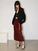 Mona High Waist Patent PU Leather Pencil Midi Skirt with Pockets and Back Slit