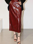 Mona High Waist Patent PU Leather Pencil Midi Skirt with Pockets and Back Slit