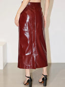 Mona High Waist Patent PU Leather Pencil Midi Skirt with Pockets and Back Slit