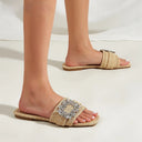 Ayla Raffia Square Toe Flat Slides with Crystal Rhinestone Buckle Detail