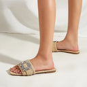 Ayla Raffia Square Toe Flat Slides with Crystal Rhinestone Buckle Detail
