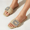 Ayla Raffia Square Toe Flat Slides with Crystal Rhinestone Buckle Detail