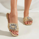 Ayla Raffia Square Toe Flat Slides with Crystal Rhinestone Buckle Detail